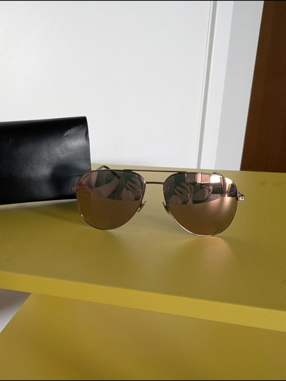 Saint Laurent Women's Aviator Metal Frame Sunglasses in Rose Gold with Case